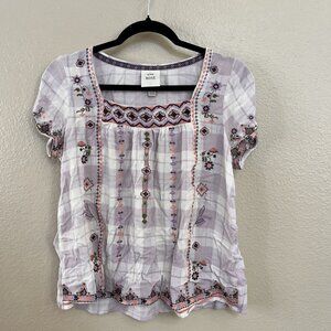 Knox Rose Purple Embroidered Plaid Short Sleeve Top Womens Small Rayon Blend